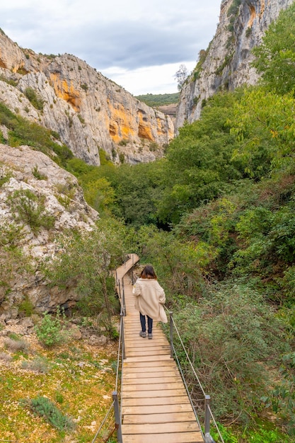 Photo une femme marchant sur le sentier des passerelles de la rivière vero dans les pyrénées d'alquezar huesca