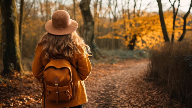 Une femme marchant avec son dos tourné sur une route rurale en automne