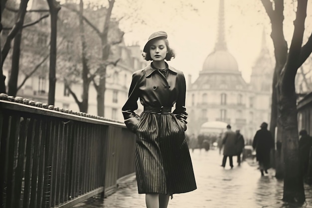 Photo une femme marchant à travers paris en 1950 vintage monochromatique