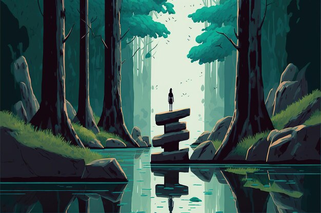 Femme marche sur une branche sur un ruisseau et regarde les monolithes dans la forêt illustration de style d'art numérique peinture concept fantastique d'une femme dans la forêt