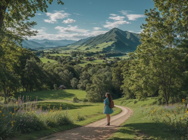 une femme marche sur un chemin de terre dans une forêt