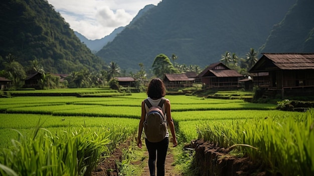 une femme marche sur un chemin de terre à travers des rizières