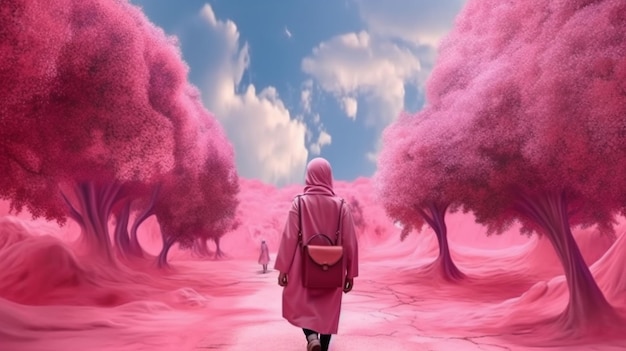 Une femme marche dans un chemin avec des arbres roses en arrière-plan.