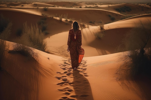 Une femme marche dans le désert avec une robe rouge.