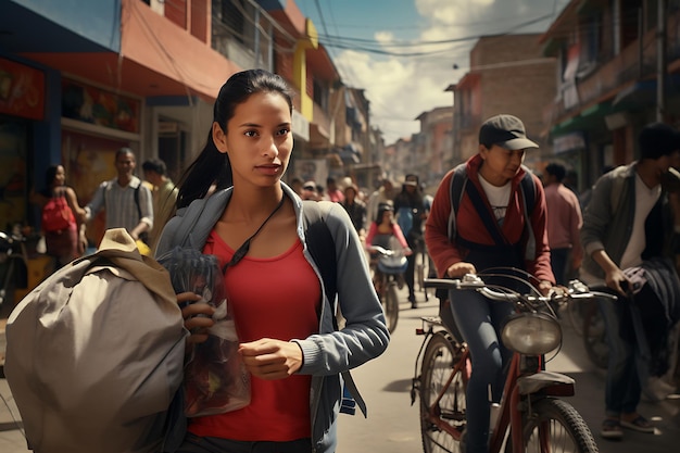 une femme marche dans une rue colombienne avec un sac