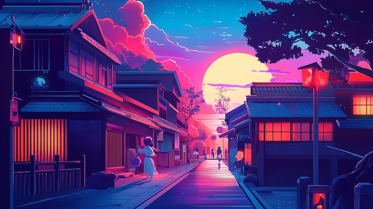 Photo une femme marche dans une rue japonaise au coucher du soleil