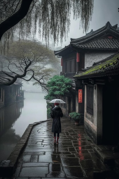 Une femme marche dans une rue pluvieuse sous la pluie avec un parapluie.