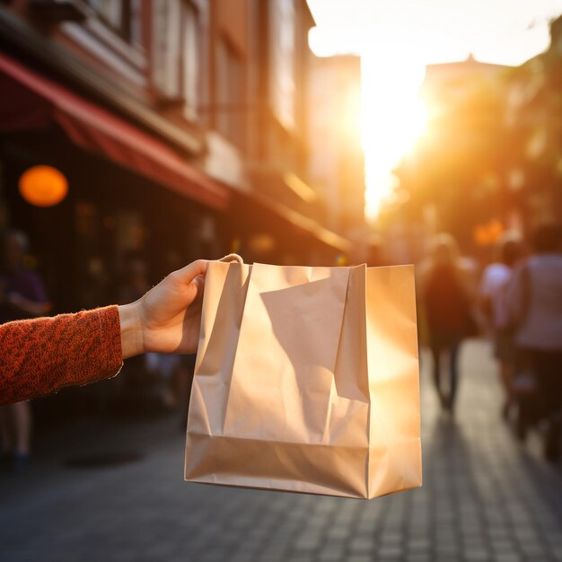 Photo une femme marche dans la rue et porte un sac en maille réutilisable après avoir fait ses courses.