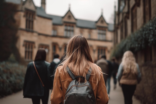 Une femme marche dans une rue avec un sac à dos sur le dos.