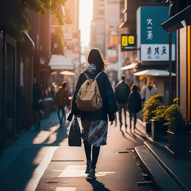 Une femme marche dans une rue avec un sac à dos.