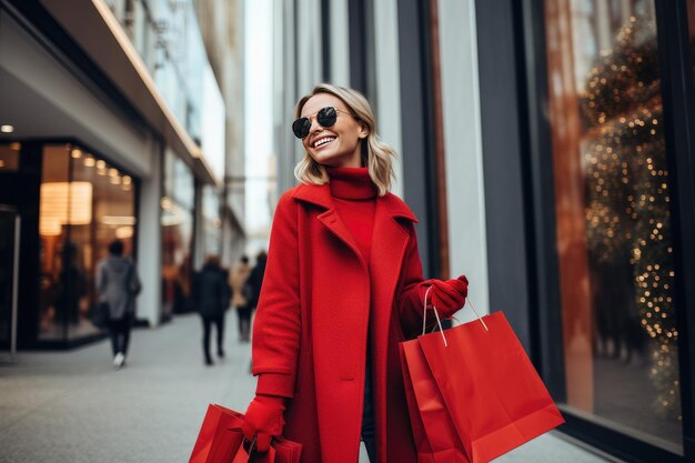 Une femme marche dans la rue avec des sacs de courses devant les vitrines des magasins