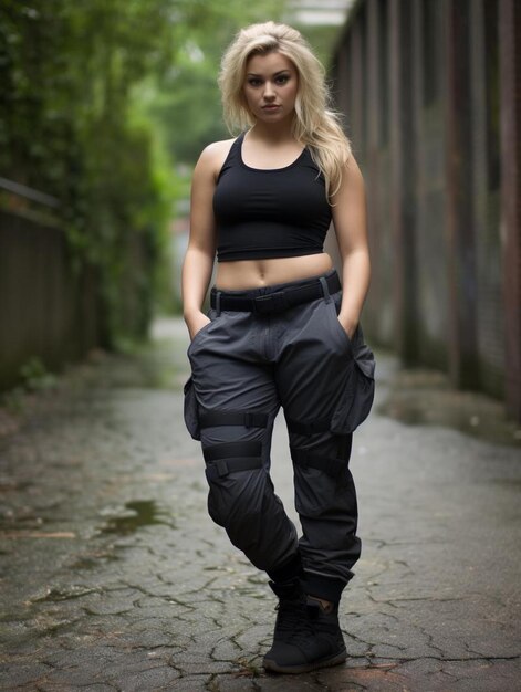 une femme marche dans une rue avec son pantalon enroulé