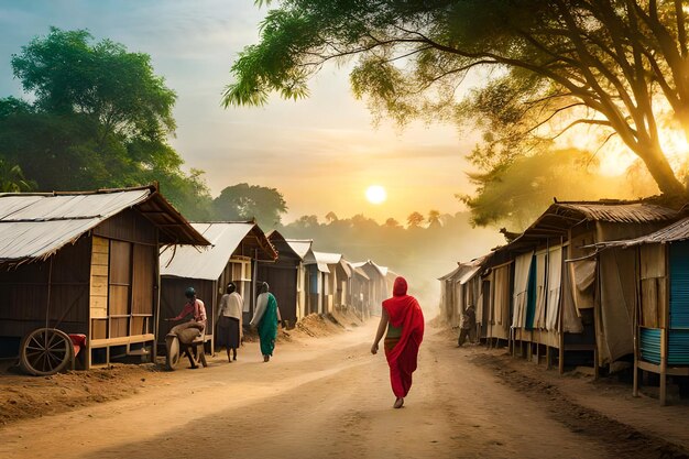 Une femme marche dans une rue d'un village.