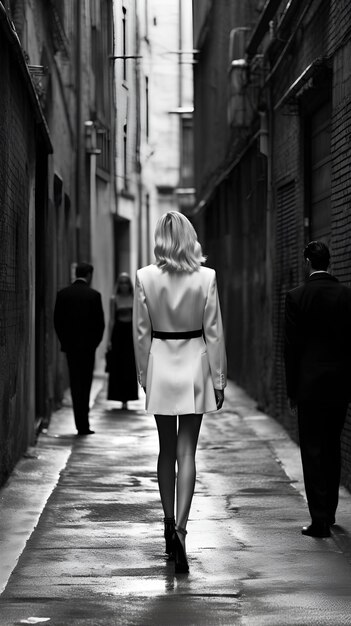 Une femme marche dans une ruelle avec un homme en costume et une femme en costume noir.