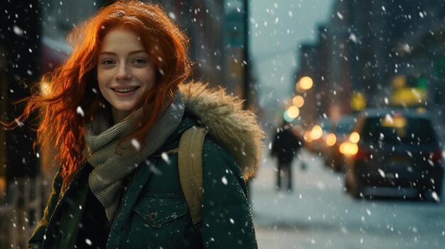 Une femme marche dans les rues enneigées d'une grande ville.