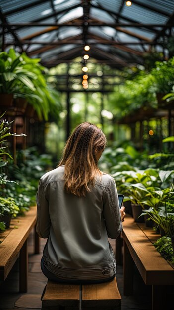 Photo une femme marche dans une serre avec un livre sur le dos