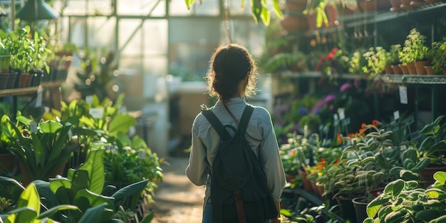 Une femme marche dans une serre remplie de plantes.