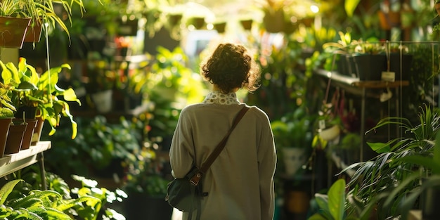 Une femme marche dans une serre remplie de plantes.