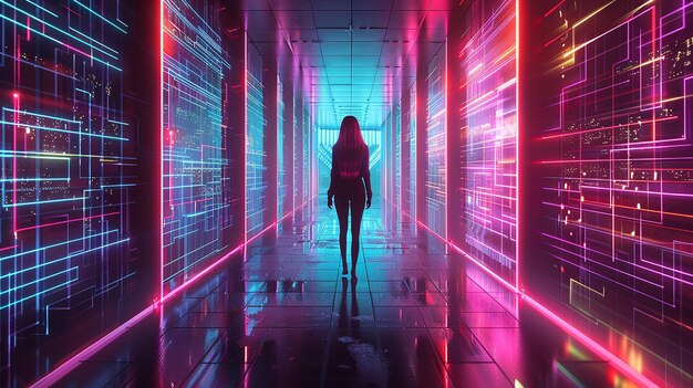 Photo une femme marche dans un tunnel avec les lumières allumées