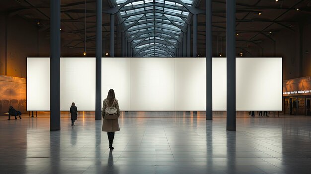 une femme marche devant un grand mur blanc avec une grande fenêtre derrière elle.