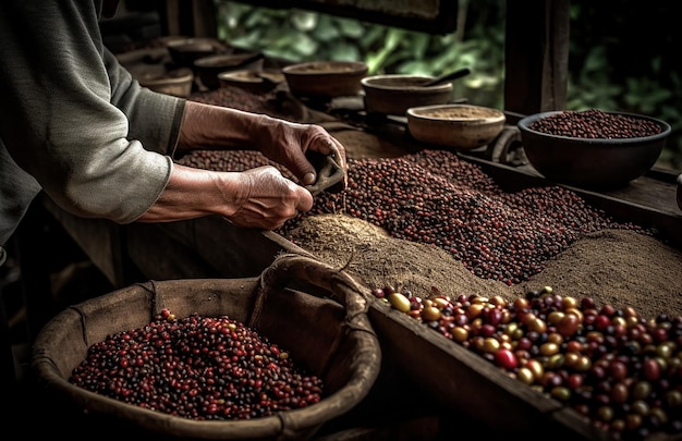 Une femme sur un marché avec des grains de café et d'autres articles