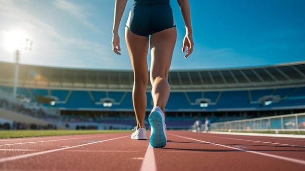 une femme marche sur une piste avec une chemise bleue