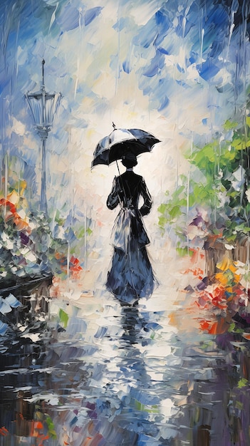 femme marche pluie parapluie best-seller film affiche soft focus huile toile verser techniques feutrées