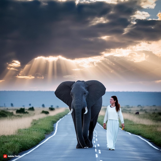 Photo une femme marche sur une route avec un éléphant et une femme en robe blanche