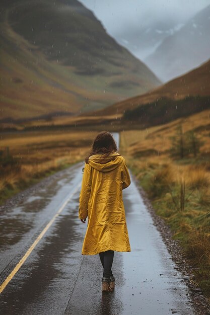 Une femme marche sur une route mouillée sous la pluie