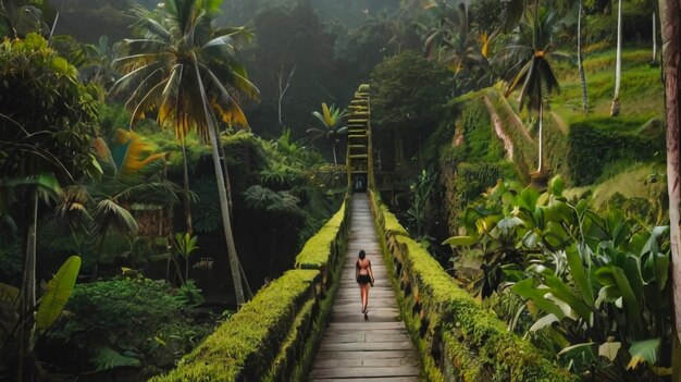 Une femme marche sur un sentier de bois dans la jungle.