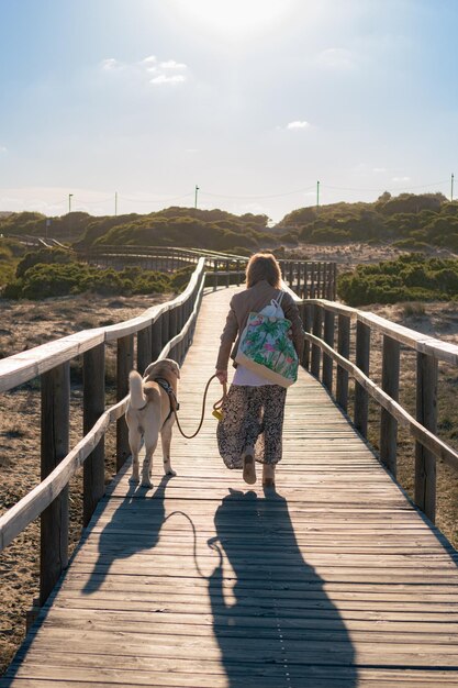 Femme marche avec son chien sur une passerelle en bois au coucher du soleil