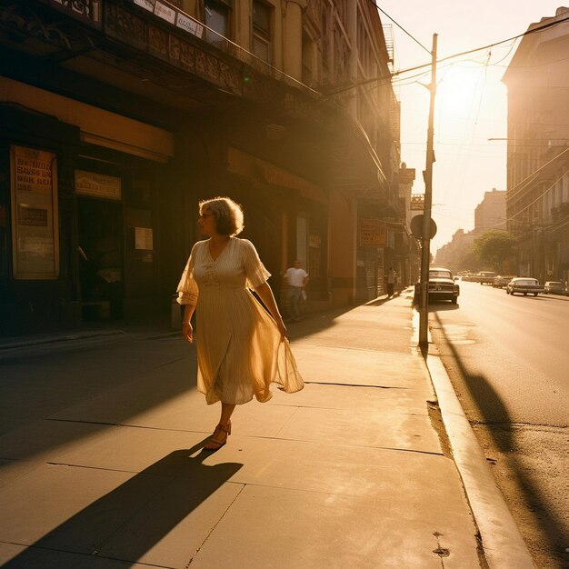 Une femme marche sur un trottoir au soleil.