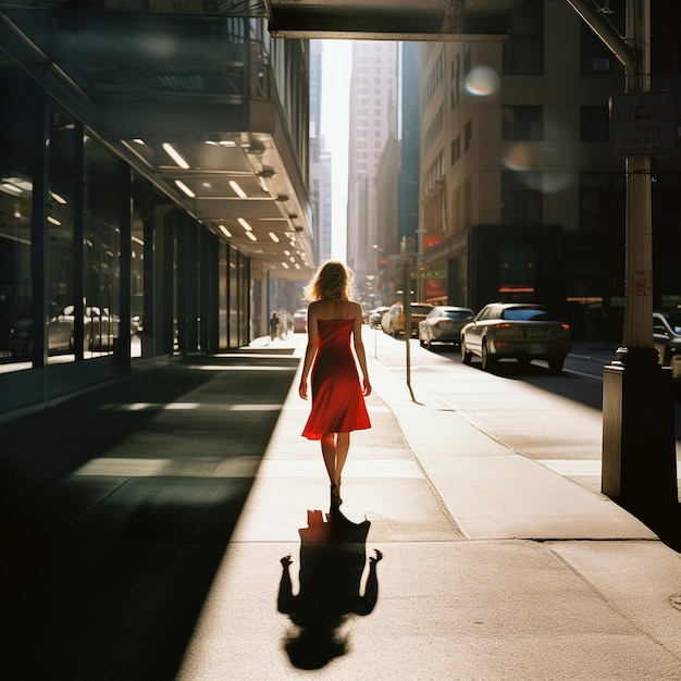 Une femme marche sur un trottoir en ville.