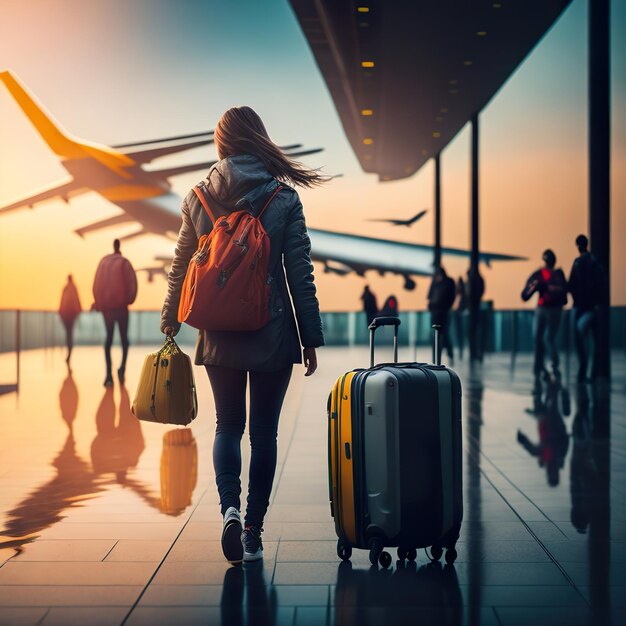 Une femme marche avec une valise et un avion en arrière-plan.