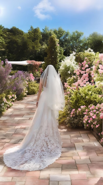 Femme mariée en robe blanche au jardin art génératif par AI