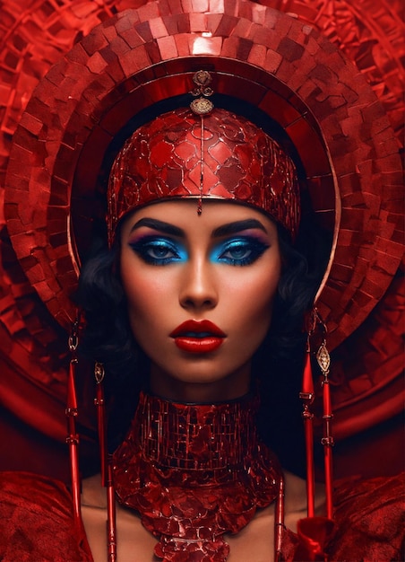 Une femme marocaine à la peau bronzée, toute rouge, une tenue futuriste élégante avec un énorme casque, une pièce centrale propre.