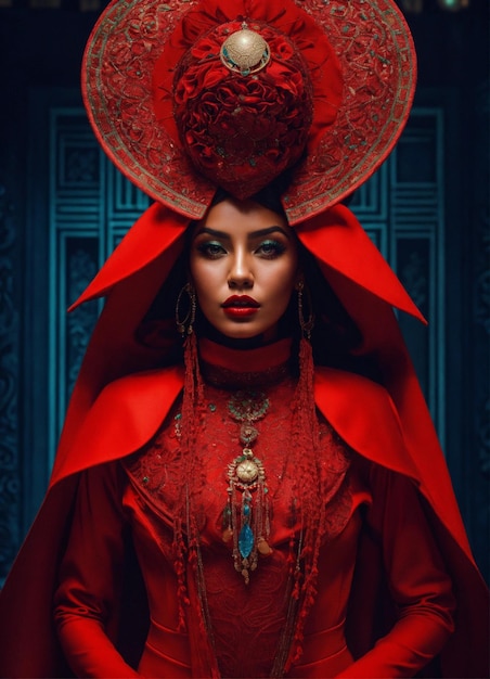 Une femme marocaine à la peau bronzée, toute rouge, une tenue futuriste élégante avec un énorme casque, une pièce centrale propre.