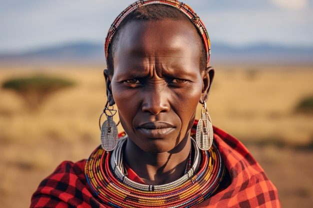 Une femme Masai avec des bijoux traditionnels dans la savane