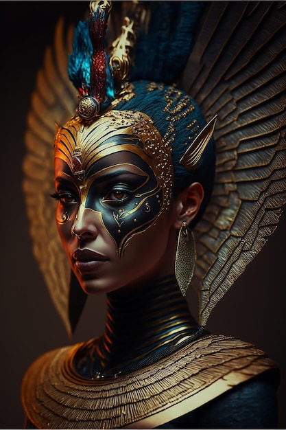 Une femme avec un masque et des ailes d'or et de bleu