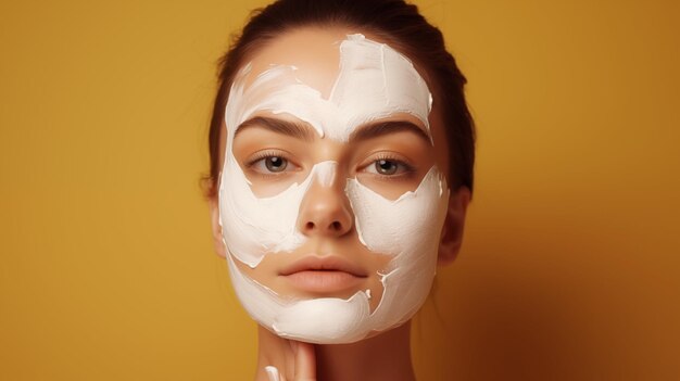 Une femme avec un masque appliqué sur la peau de son visage Un visage de femme avec un mask cosmétique de soin pour le perf