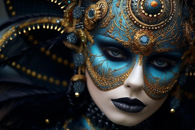 une femme avec un masque bleu et le mot "go" sur le visage.