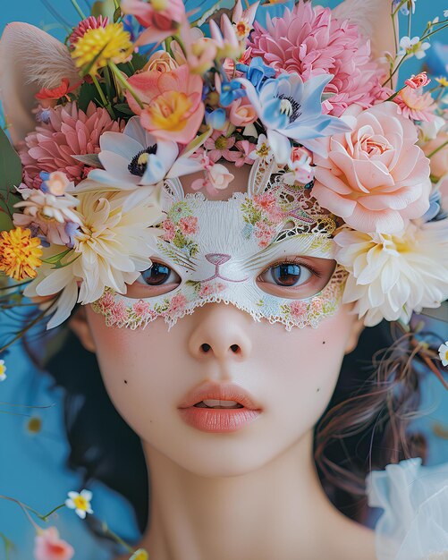 Une femme avec un masque de chat et des fleurs sur sa tête et un masque à chat sur sa tête avec des fleurs dessus