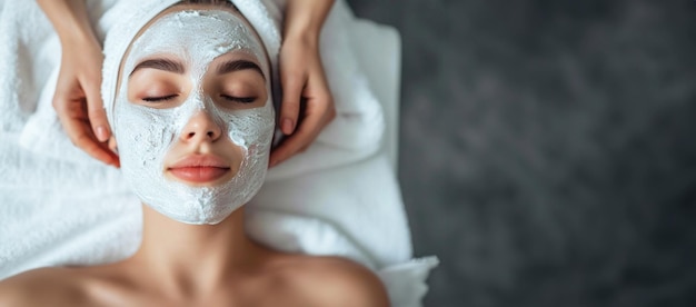 Femme avec un masque facial dans un spa Masque de peeling du visage Traitement de beauté au spa Soins pour la peau Femme se faisant soigner le visage