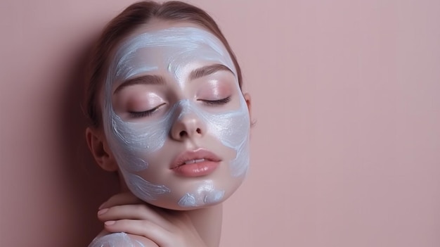 Une femme avec un masque facial et un fond rose