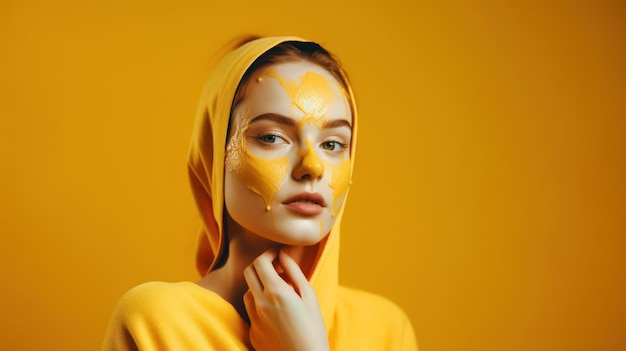 Une femme avec un masque jaune sur son visage