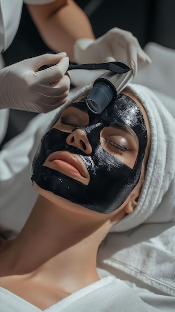 Une femme avec un masque noir sur le visage.