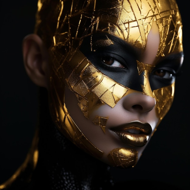 une femme avec un masque d'or qui dit "or" dessus.