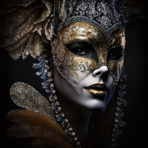 Une femme avec un masque d'or sur son visage est montrée.