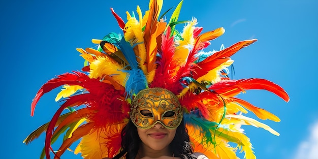 Une femme avec un masque de plumes coloré danse au carnaval bolivien mettant en valeur la culture latino-américaine et les vêtements traditionnels Concept Festival Célébration Danse culturelle Tradition latino-Américaine