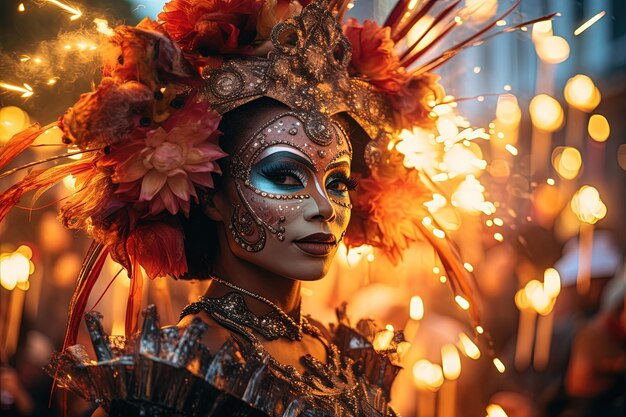 Une femme avec un masque et des plumes sur la tête